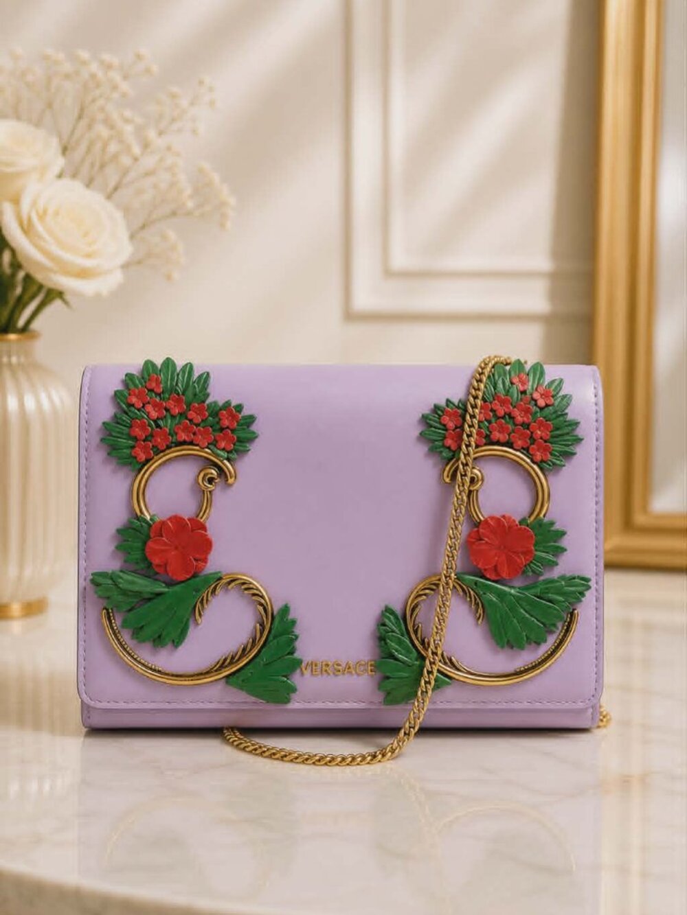 Authentic Versace Floral Embellished Chain Wallet Crossbody Bag